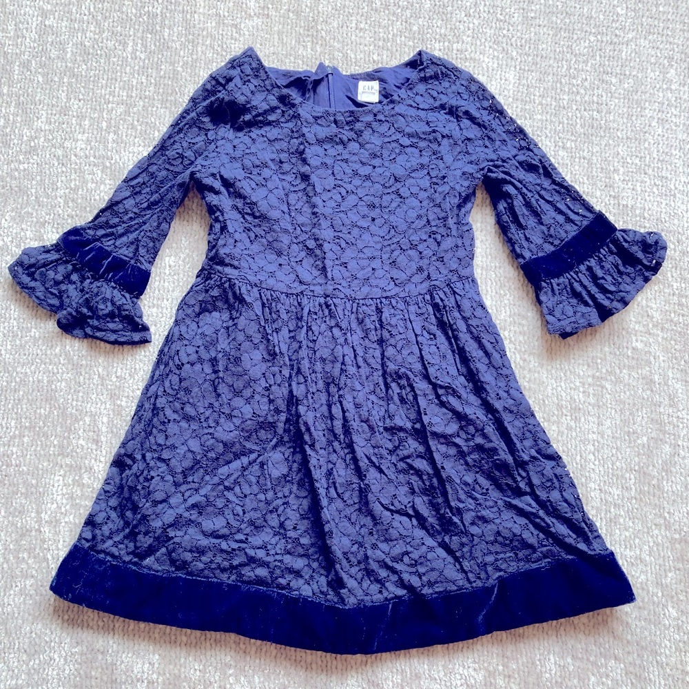 GAP‎ Kids Navy Floral Lace Dress Velvet Trim Size Small